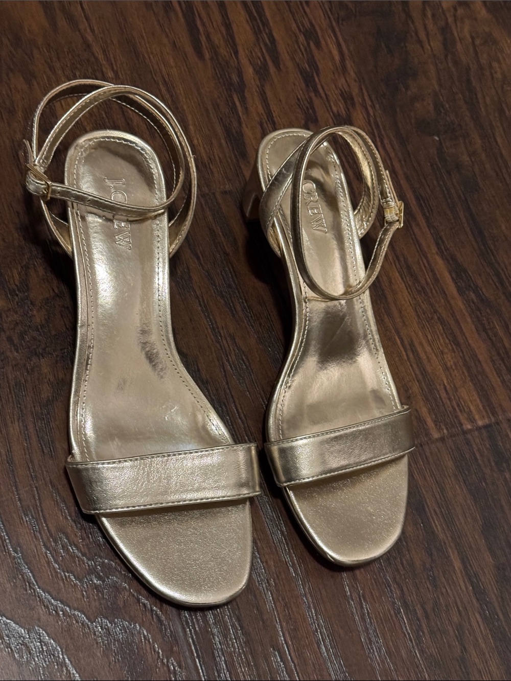 J. Crew Shimmery Gold Ankle-Strap Block Heel Sandals